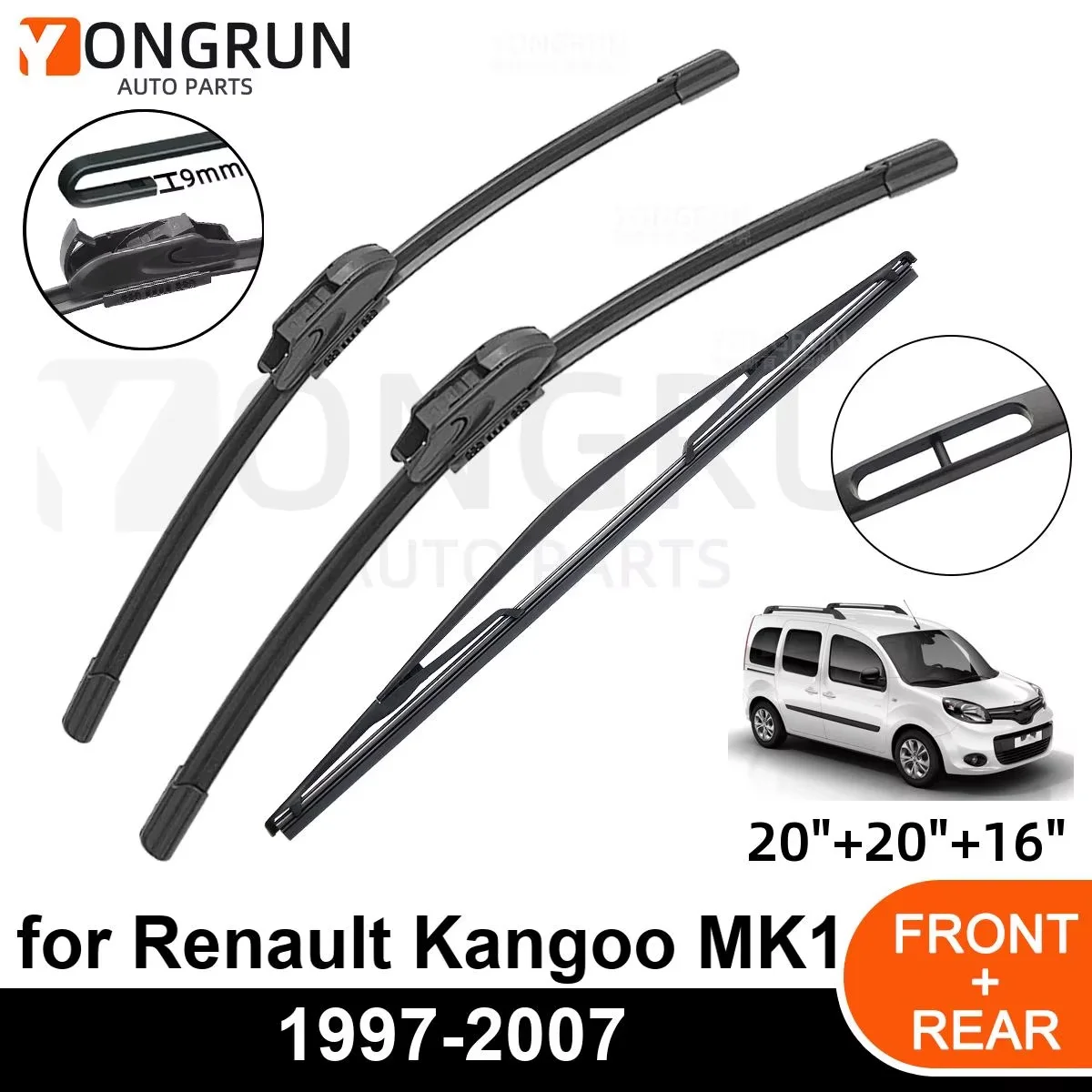 YONGRUN es adecuado para limpiaparabrisas de coche Renault Kangoo Mk1, desde 1997 a 2007, accesorios para parabrisas delantero y trasero 2000