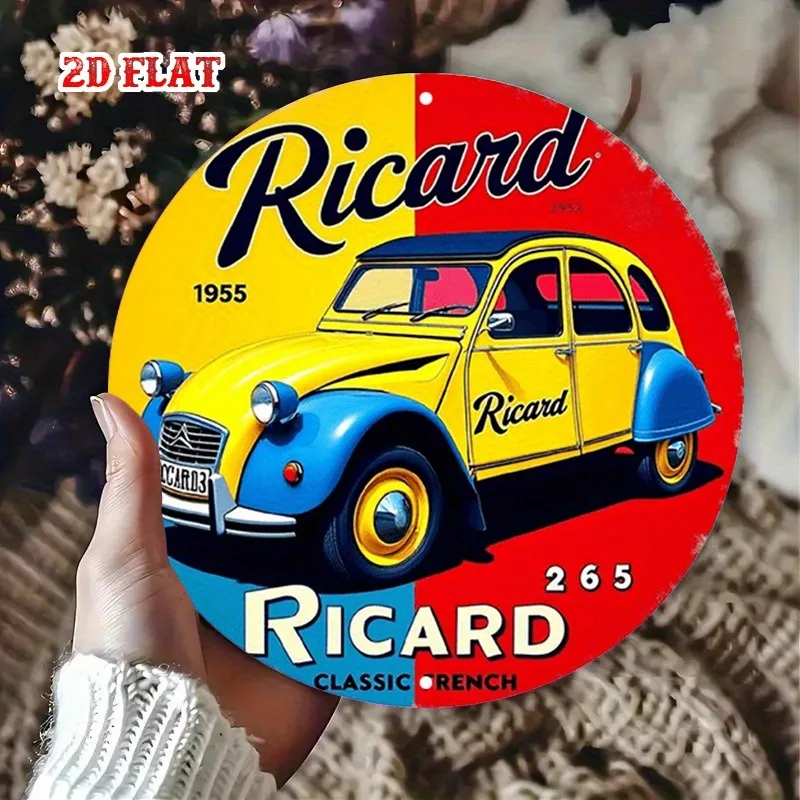 Vintage-Auto-Metallblechschild – runde Aluminium-Wandkunst mit klassischem gelbem Design, rustikale Heimdekoration für Garage, Café, Innenbereich