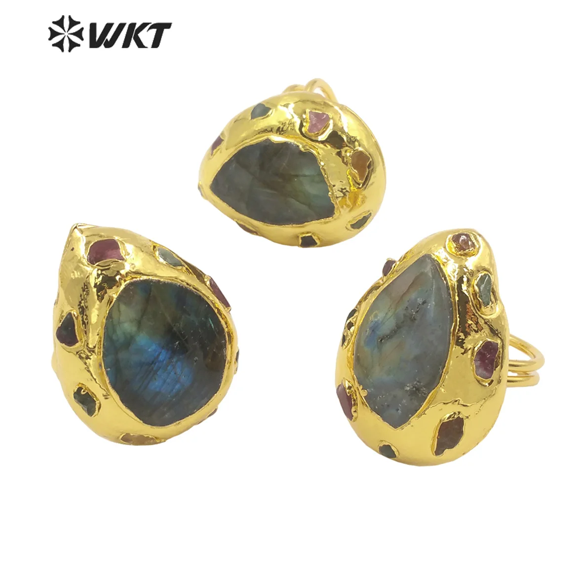 WT-R409 Wholesale new fashion gold electroplated Natural Labradorite stone Ring Women teardrop shape bright stone Party Ring