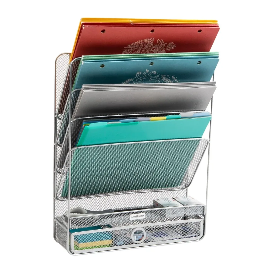 

4-Tier Vertical File Storage Desktop Organizer Wall Mount Office Metal Mesh 12.5"L x 4"W x 16.5"H Silver