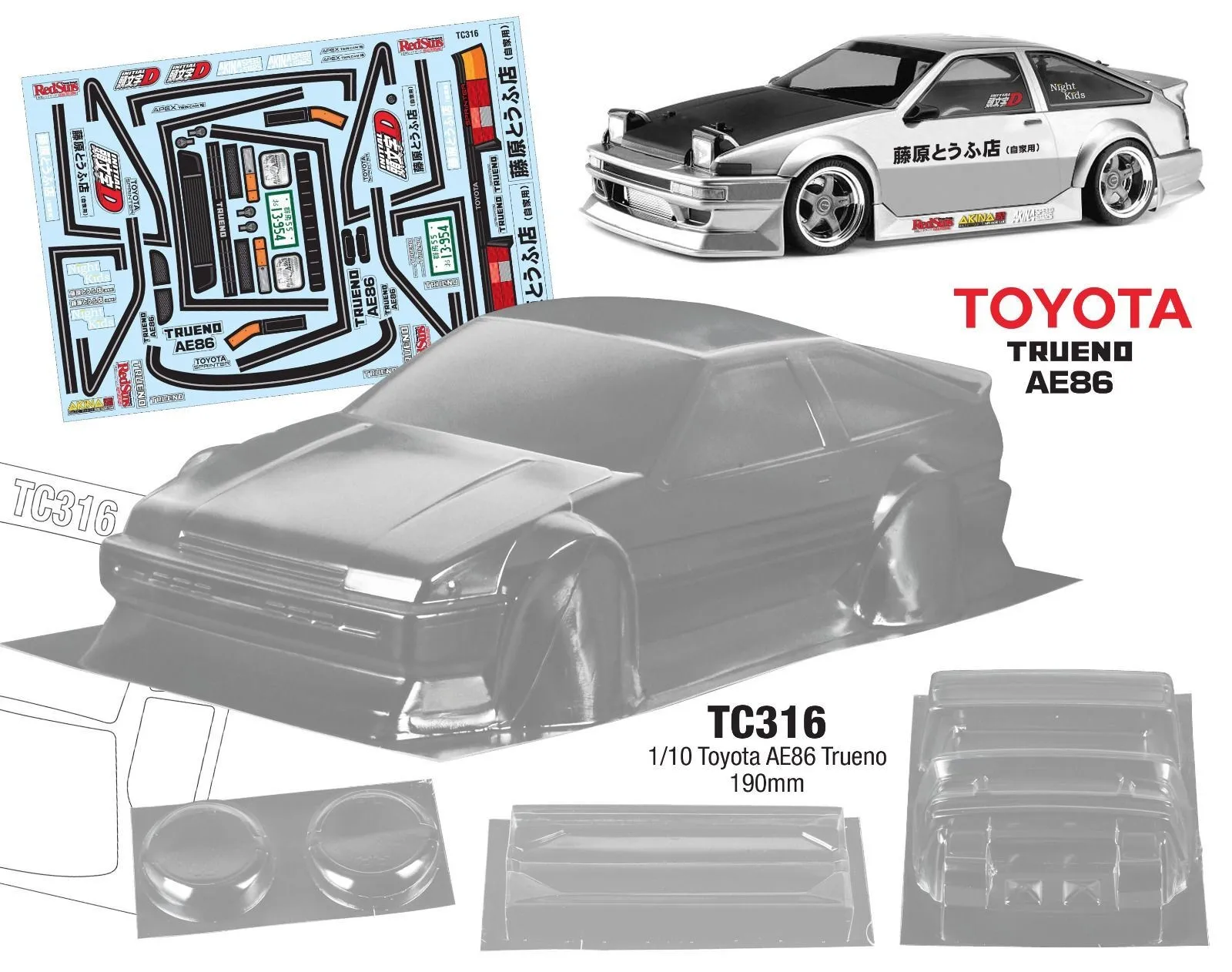 1/10 AE86 initial D drift RC PC body shell lampshade 190mm width Transparent drift body shell RC hsp hpi trax Tamiya
