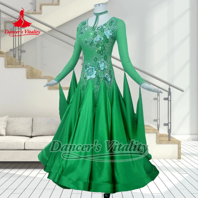 성인용 녹색 긴 소매 브이백 소셜 댄스 전문 드레스 여성용 탱고 왈츠 퀵스텝 의상 맞춤 댄서의 활력