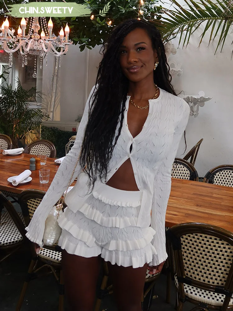 

Solid Knitted Pleated Top Short Skirt Set Women Sexy Round Neck Long Sleeved Two Piece Suit 2025 New Summer Holiday Lady Outfit