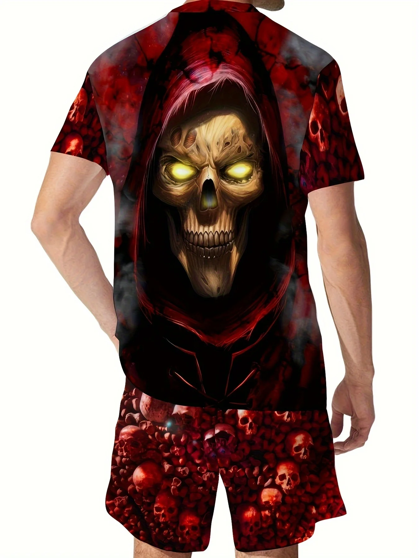 Red Terror Skull Suits Pattern Print, Men's 2Pcs Outfits, Casual Crew Neck Short Sleeve T-shirt And Shorts Set For Summer,