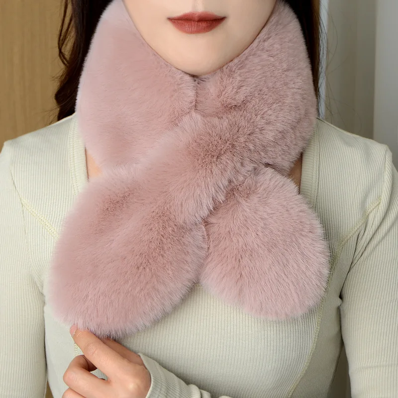 Korean Solid Double Sided Imitation Rabbit Fur Plush Scarf Winter Warm Outdoor Neck Protection Thicken Windproof Women\'s Bib