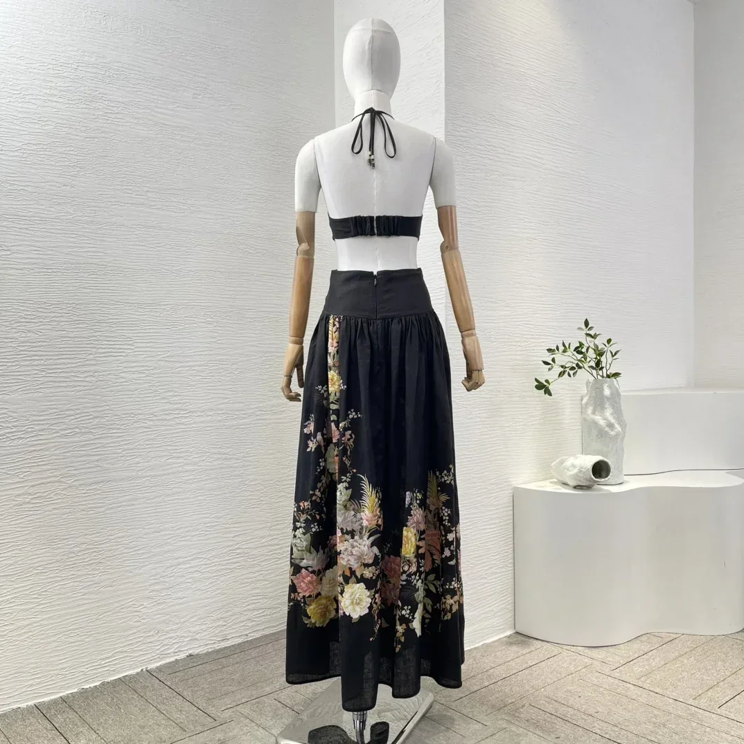 2025, neues Urlaubs-Design, Ausschnitt, Re-Tro-Blumendruck, reines Leinen, hochwertige Neckholder-Falten, schwarzes Maxi-Kleid für Damen
