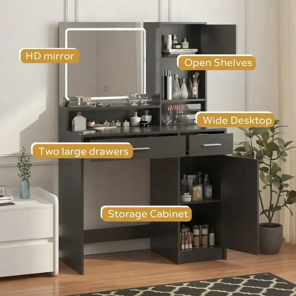 53.9'' Vanity Desk w/Mirror&LED Light Strip&Large Drawer&3 Level Storage Dresser