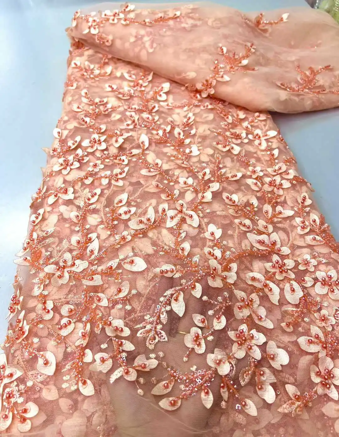 

Hot Sale Exquisite Design Nigeria Handmade Embroidery Sequins Net Lace With Bead Top Quality For Party Evening Dress 2025