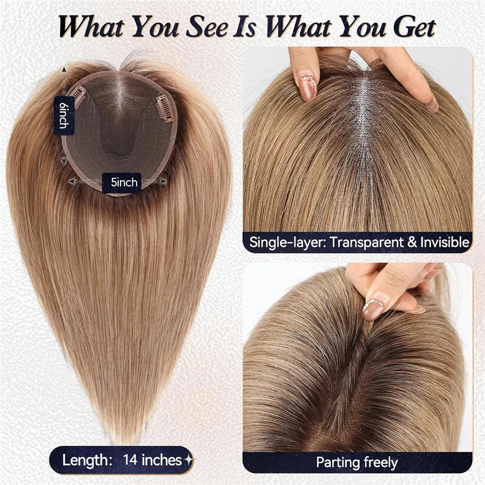 6x5 inch Large Swiss Base Human Hair Toppers 12inch Ombre Brown Real Hair Topper for Women Hair Loss Middle Part Hairpieces