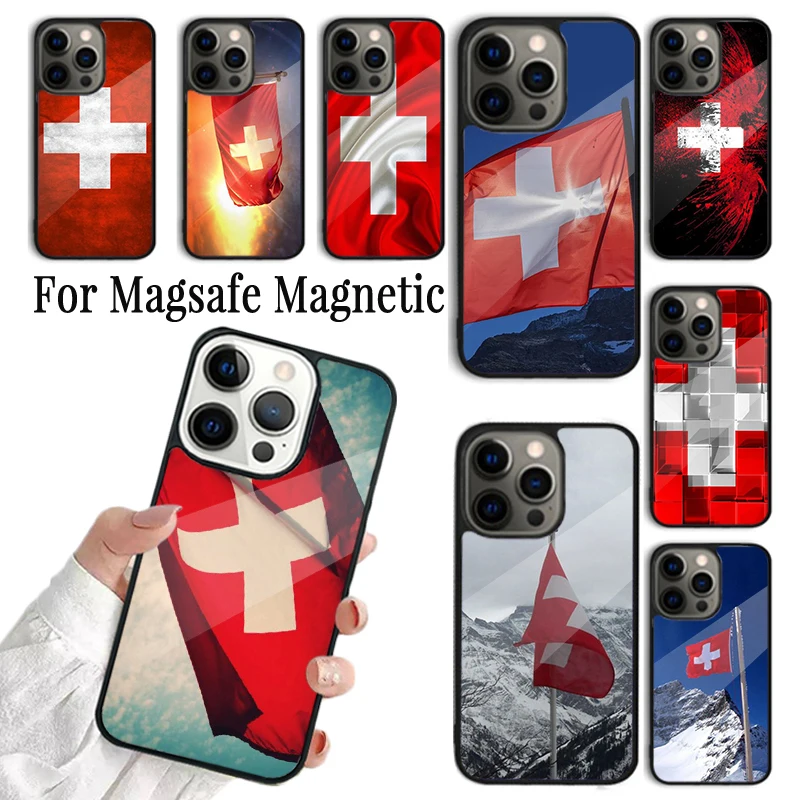 Coque Phone Case For iPhone 16 15 14 13 12 Mini 11 Pro Max Plus Magsafe Magnetic Wireless Charging Cover Swiss National Flag