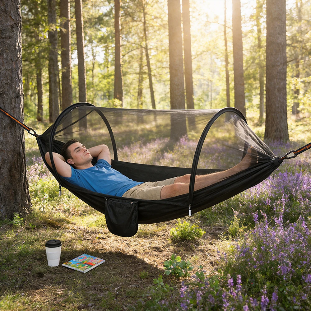 Hamac de camping avec moustiquaire, balançoire légère en nylon 210T respirant anti-insectes, lit d'extérieur pour la randonnée, capacité de charge supérieure à 300 kg, conception améliorée deux-en-un