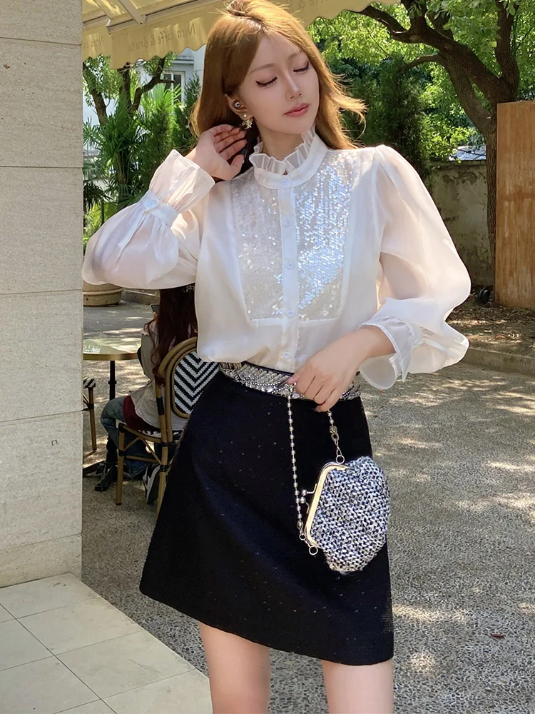 Dabuwawa Tweed Embroidered Skirt Preppy Style Women 2023 New Collection Sequins Empire Korean Reviews Many Clothes DM1CSK016