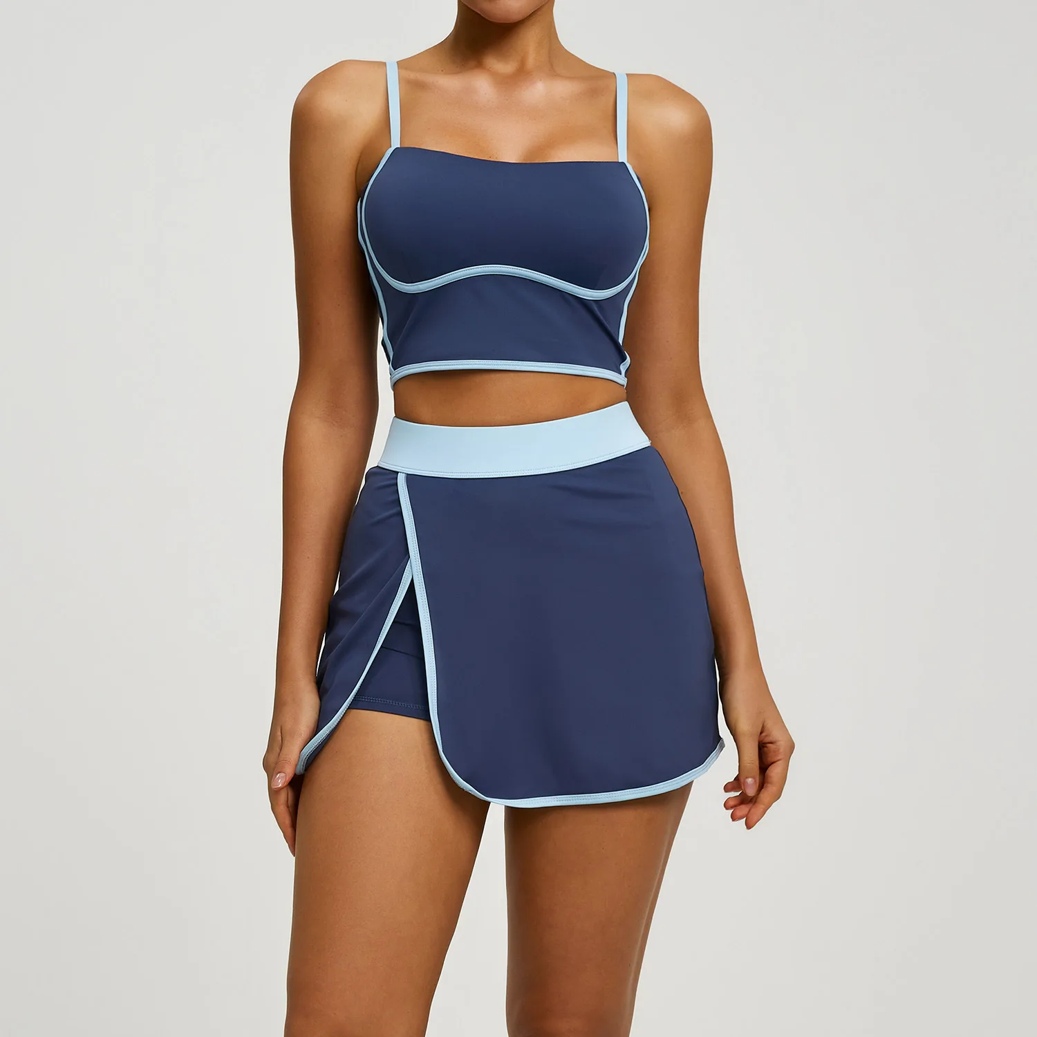 Summer Line Pattern Women's Sports Set European American Style Anti-Exposure Outdoor Running Gym Yoga Suit
