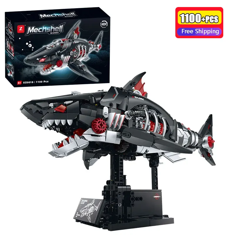 1100 Pcs Mechanical Shark Building Blocks Deep Sea Predator Construction Toy DIY Creative Model Hobby Collection Desktop Display