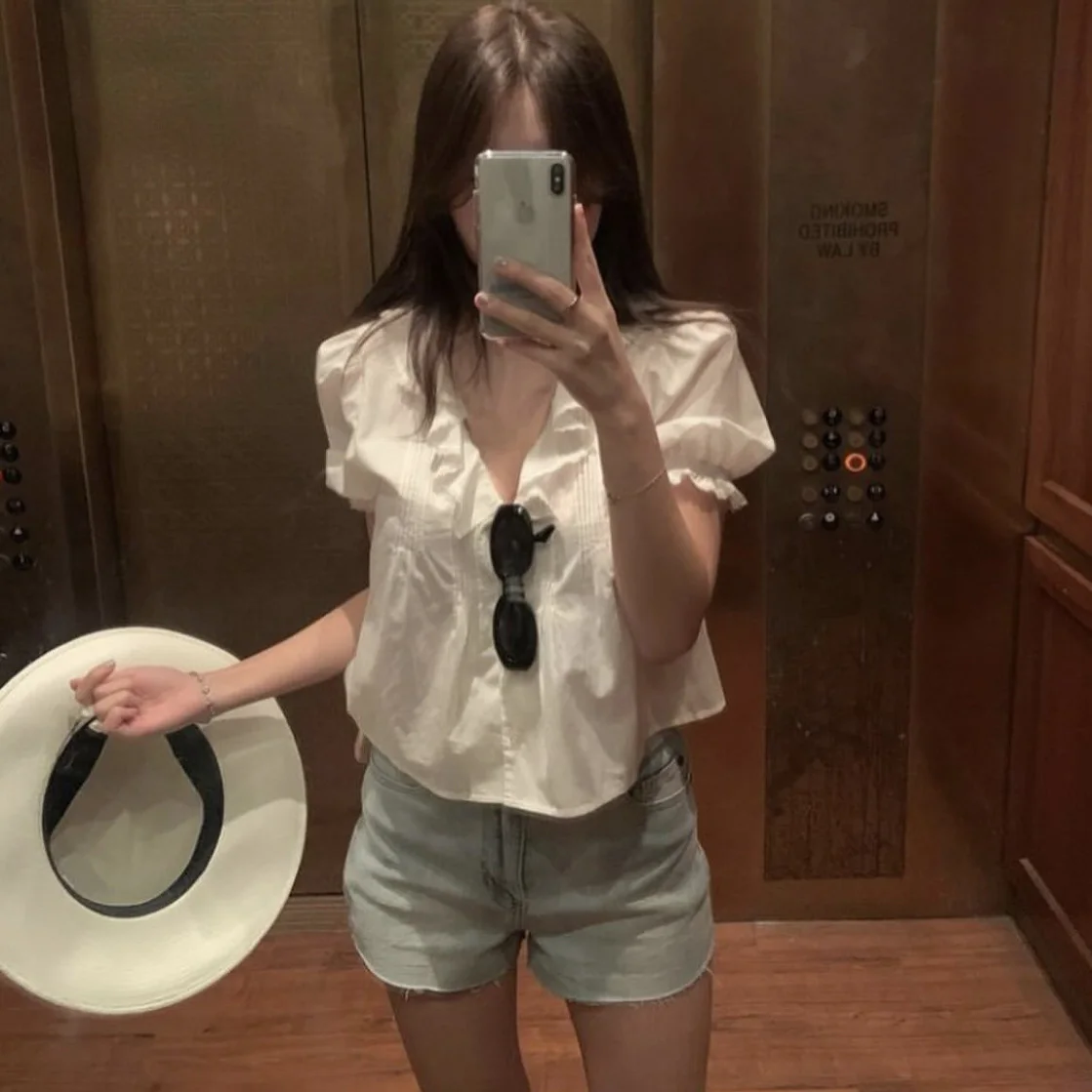 قميص نسائي صيفي من Tannat H25 Dongda Gate كاجوال متعدد الاستخدامات من القطن الخالص بحاشية مكشكشة ورقبة على شكل حرف v وأكمام ق...