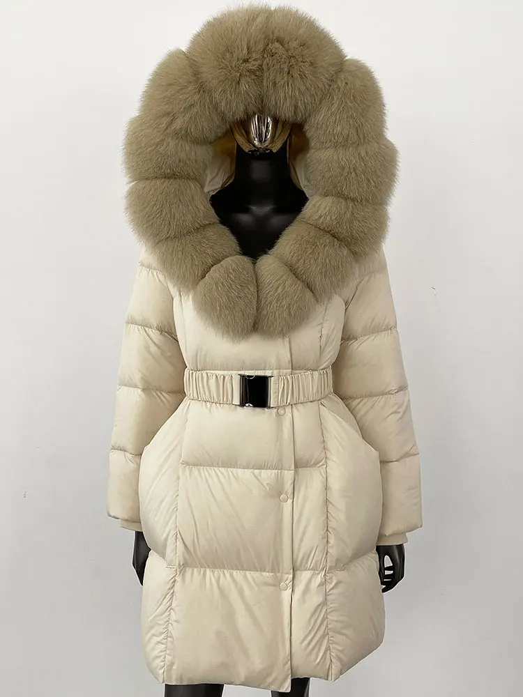 جديد إمرأة معطف الفرو الحقيقي الأبيض بطة أسفل معطف الشتاء مقنعين الكشمير المعتاد السيدات ملابس خارجية سترة فرو الثعلب الطبيعي #1