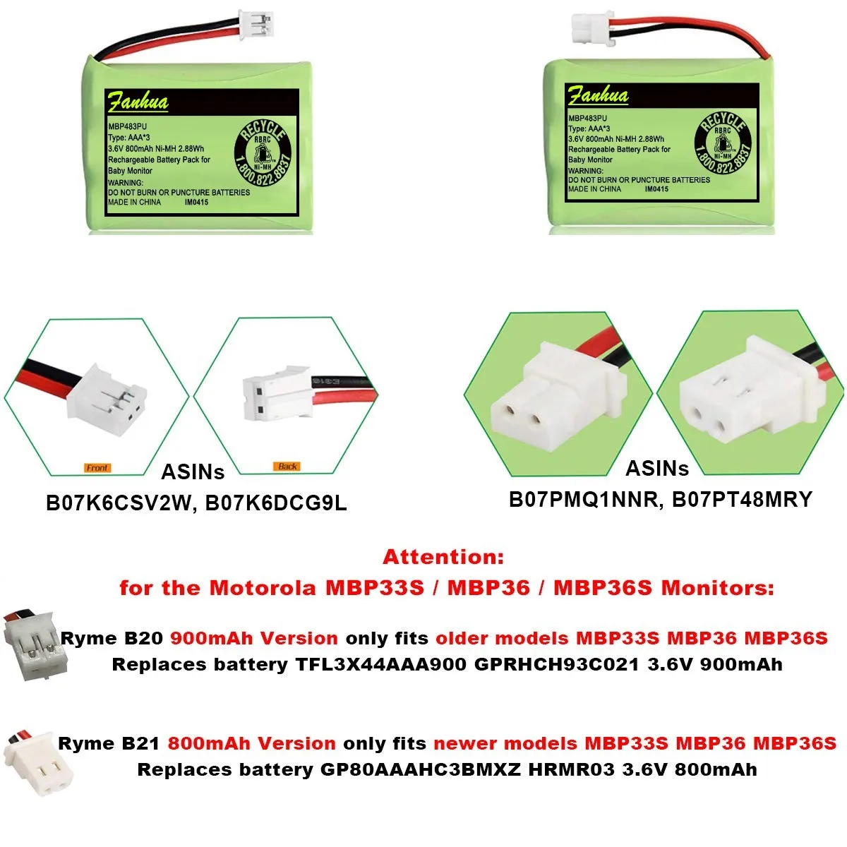 بطارية 3.6 فولت لـ VTech VM312 VM3251 VM3252 -61 جهاز مراقبة الأطفال موتورولا أحدث إصدار 800mAh: MBP33S MBP36 MBP36S MBP33XL MBP481