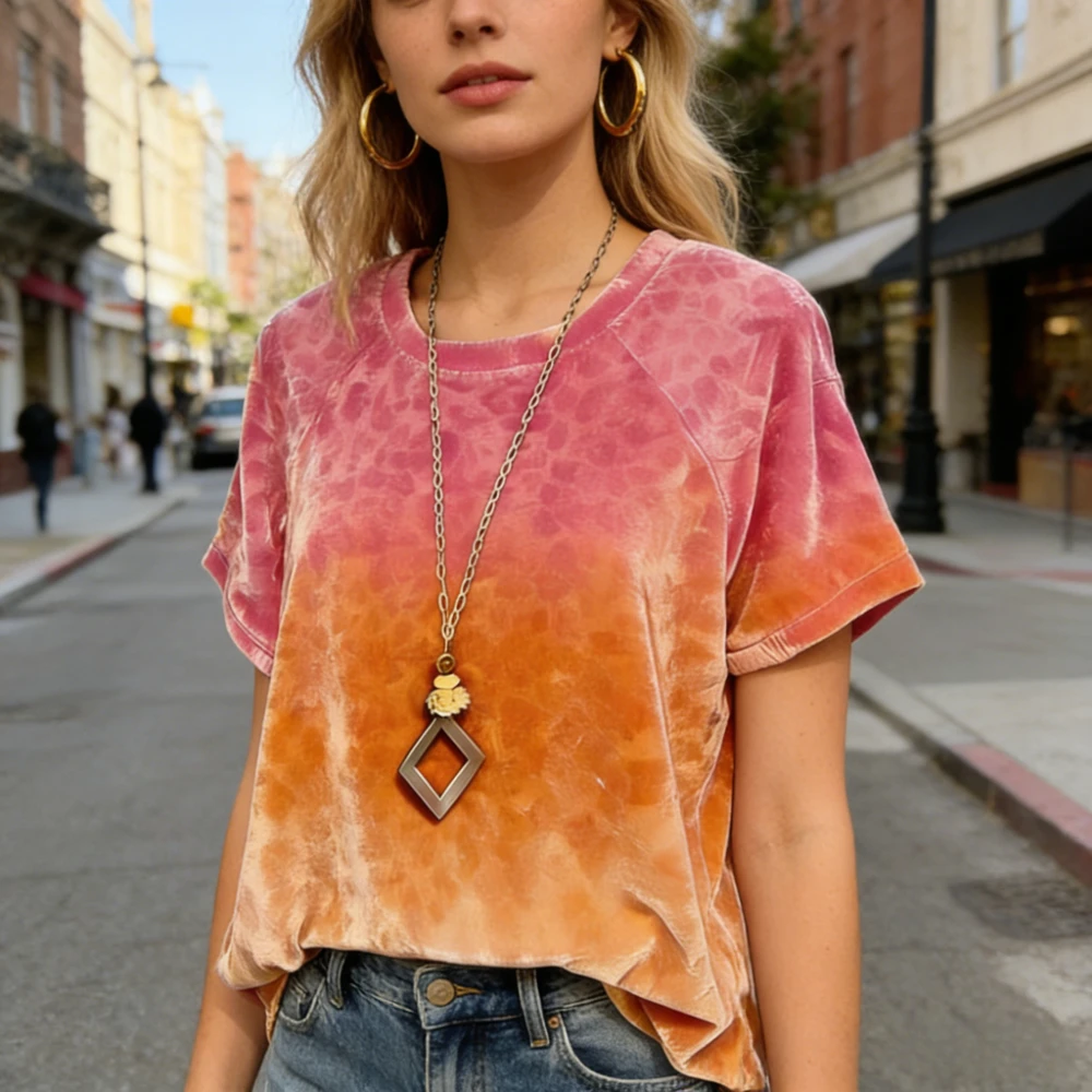 Trendy Tie Dye & Animal Print Ladies Tops Velvet Feel Soft Shirts Loose Fit Short Sleeve Boho Chic Blouse for Women Plus Size