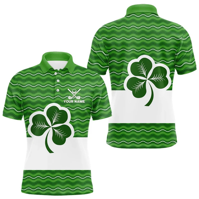 3D Print St Patrick's Day Clover Pattern Mens Golf Polo Shirts Custom Name Short Sleeve Sport Tshirt Top Men's Jersey Clothes