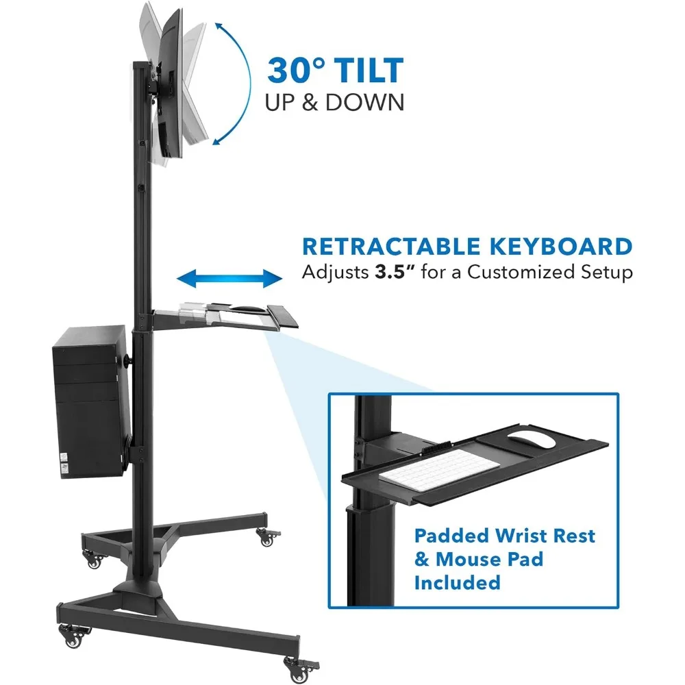 Mobile Rolling Computer Desk with Monitor Stand for Screens up to 32, Compact Workstation for PC, Includes Keyboard Tray - Ergon