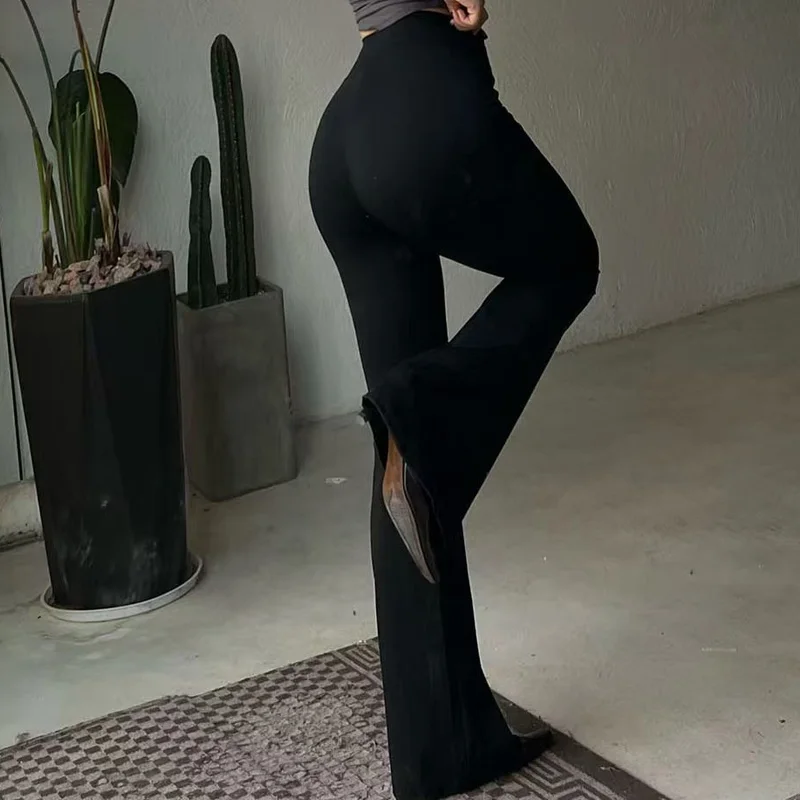 ارتفاع الخصر شكل القرش جرس أسفل السراويل النسائية عارضة مايكرو متوهج السراويل طبقة قاعدة مرنة طماق سوداء طويلة