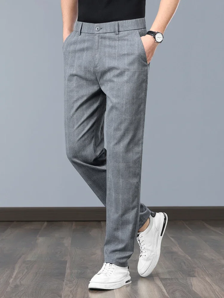 Men Slim Business Pants Summer Thin Casual Pant Fashion Plaid Formal Stretch Grey Black Male Clothing England Trousers