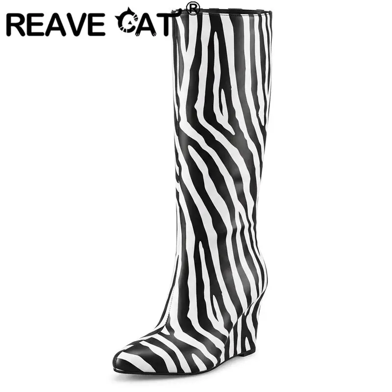 REAVE CAT Striped Women's Knee High Boots Pointed Toe 9.5cm Wedges Heel Zipper Mixed Color Large Size 43 44 45 46 Fashion Botas