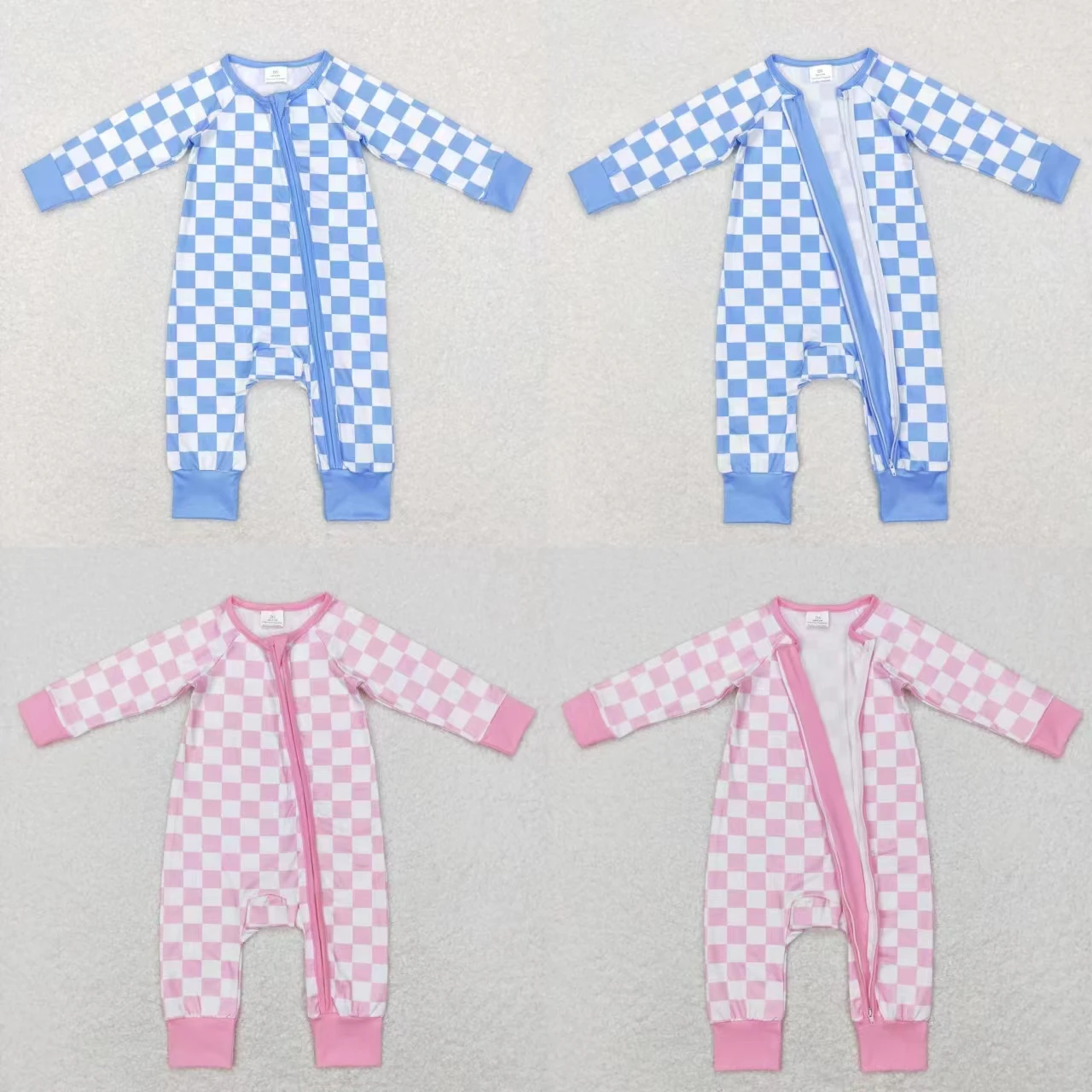 

Wholesale Kids Children Toddler Spring Fall One-piece Romper Newborn Boy Girl Checkered Blue Pink Long Sleeves Zipper Jumpsuit