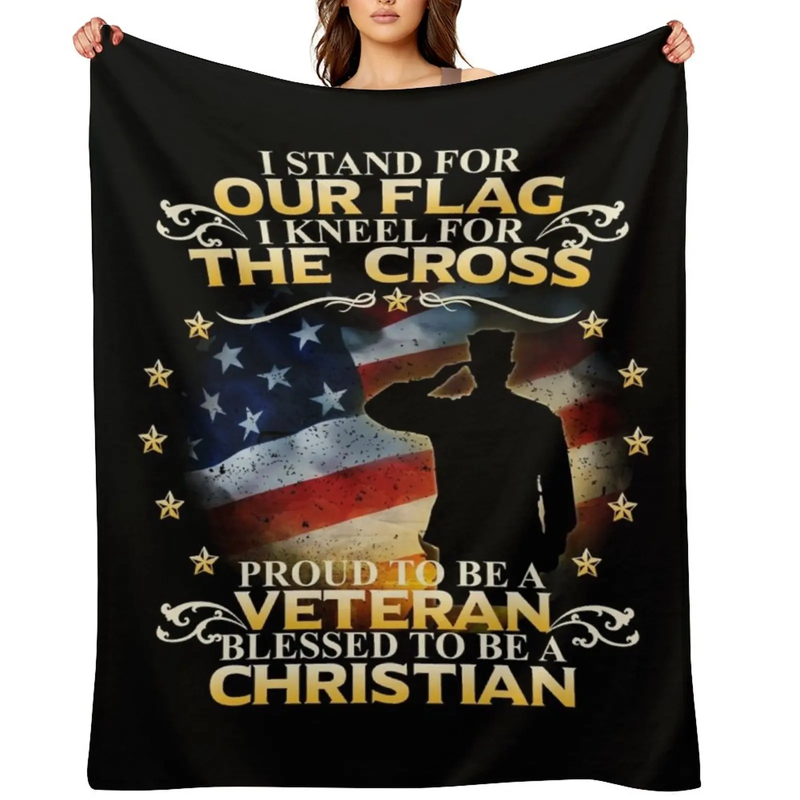 

I Stand For Our Flag I Kneel For The Cross Christian Veteran Throw Blanket funny gift Plaid on the sofa Kid'S Blankets