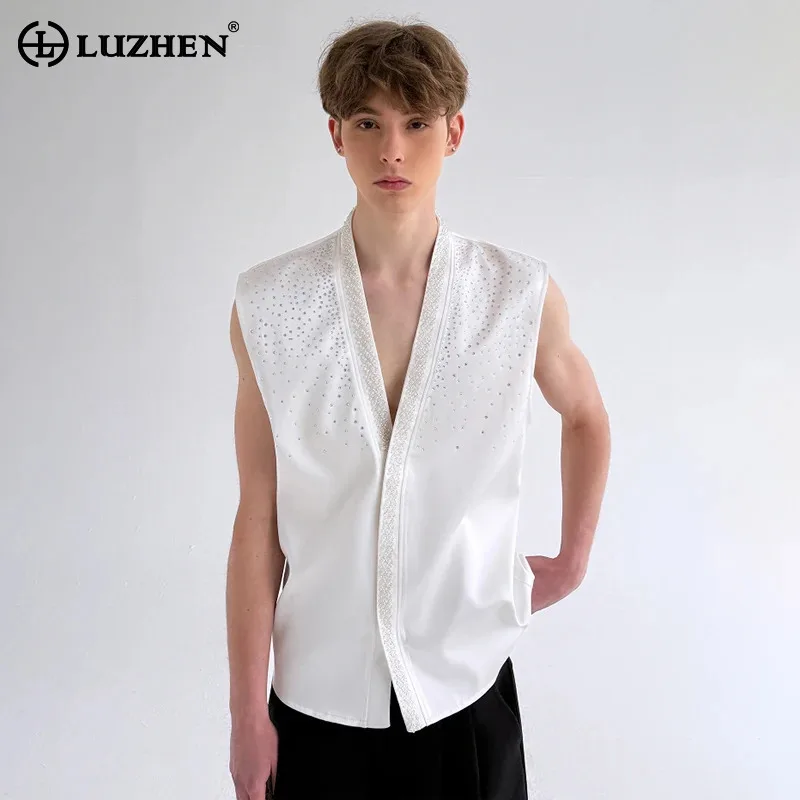 

LUZHEN 2025 Summer Luxury Handsome Sleeveless Shirts Men's Fashion Sequin Patchwork Decorate Solid Color Casual Male Tops JY3177