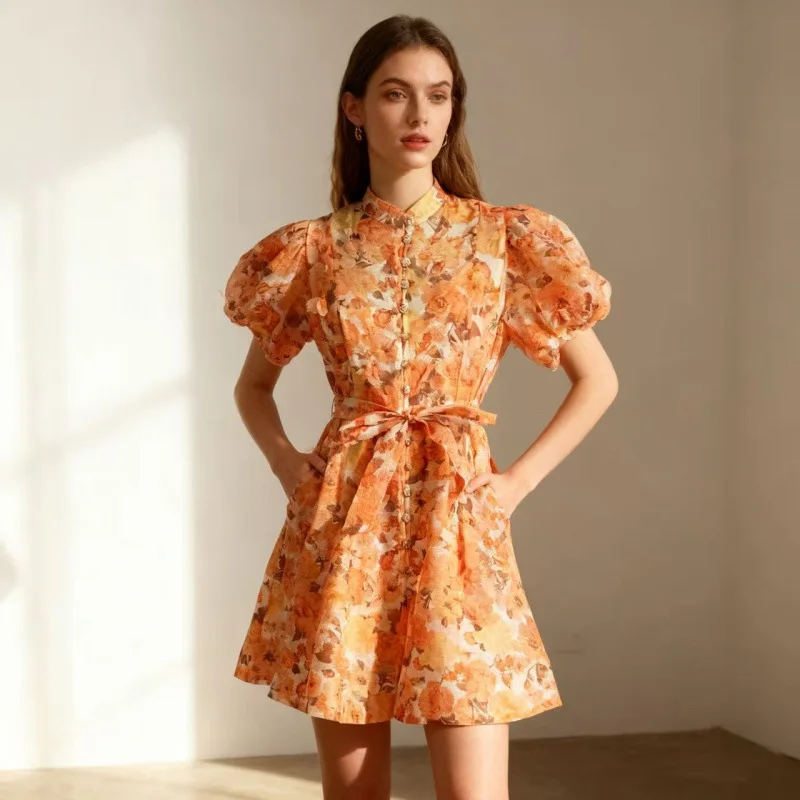 Nouveau Street Sle taille haute ort soie Tfeta Dr avec nœud papillon fleur perceuse conception t-shirt couleur décontracté femmes Dr