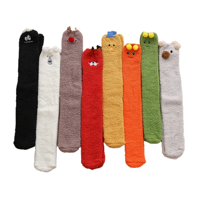 8 Pairs Unisex Coral Knee High Socks Leg Warmer Solid Color Cartoon Animal Embroidery Fuzzy Sleeping Stockings