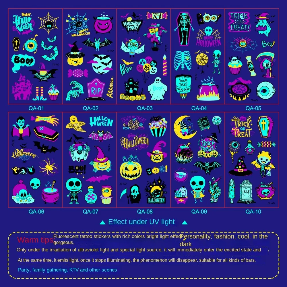 10Pcs/Set Fake Tattoo Glow Party Tattoo Stickers Waterproof Temporary Fluorescent Tattoo Sticker Party Decor Disposable