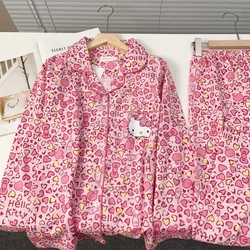 Sanrio Hello Kitty Pajamas Homewear Casual Women's Pajamas Long Sleeves Pants Cartoon Cardigan Two-piece Silk Pajamas Women