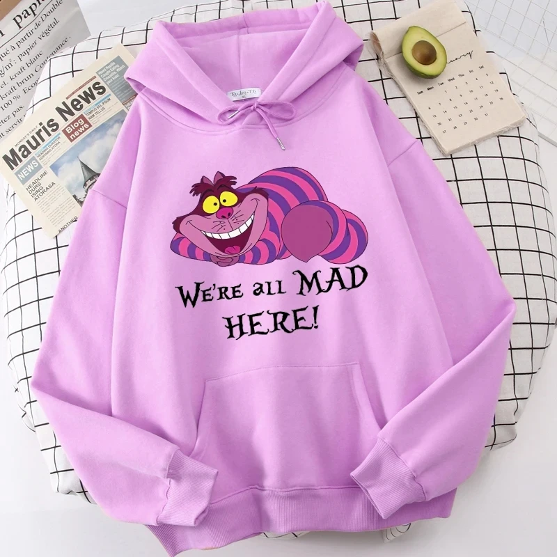 Disney Long Sleeve Hoodie Fashion Alice in Wonderland Cheshire Cat Cartoon Cute Cat Print Hooded Pullover Unisex Womens Sweatshi