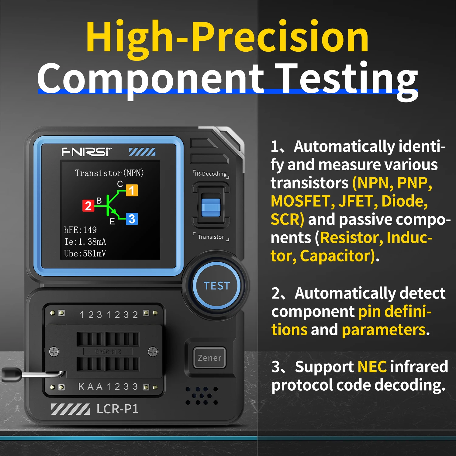 FNIRSI LCR-P1 الترانزستور تستر ديود صمام ثلاثي السعة المقاومة متر LCR ESR متر NPN PNP MOSFET IR متعددة الوظائف تستر