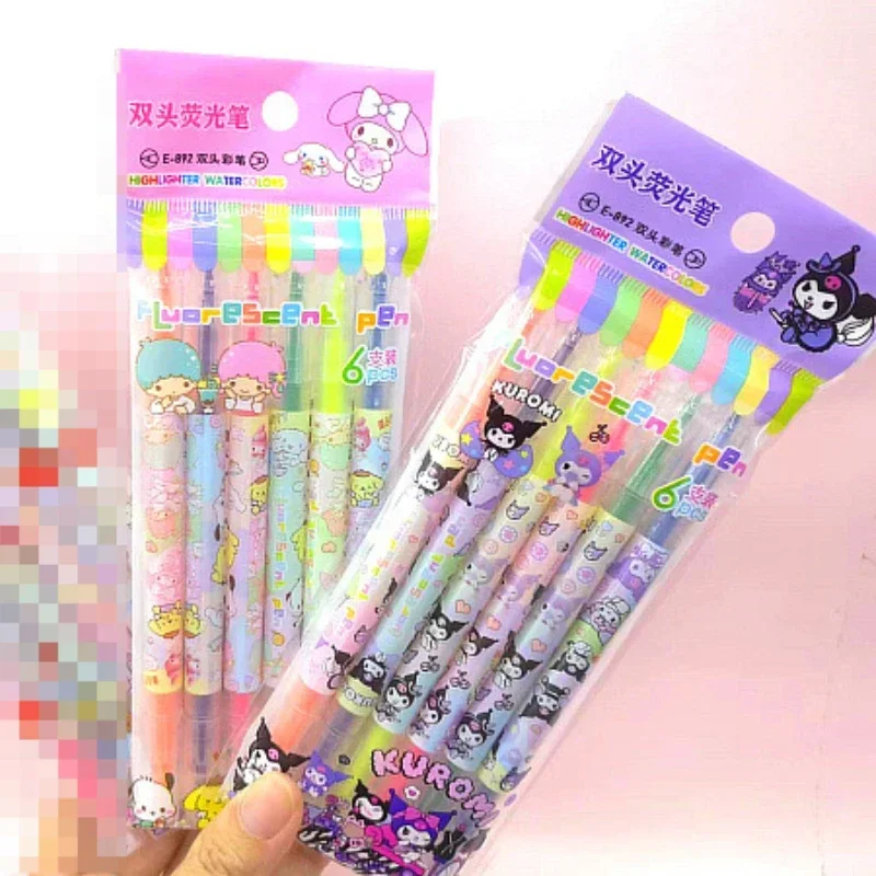 New Sanrio My melody Kuromi little twin sta cute kawaii double-headed highlighter six-color notebook pen student stationery gift