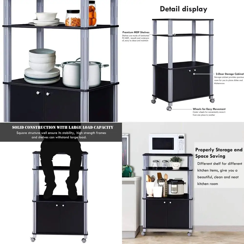 

Multifunctional Kitchen Cart with 2-Tier Shelf, Cabinet, and Spice Organizer on Wheels for Storage and Display (Black)