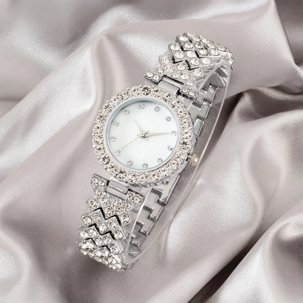 Ladies rhinestone Roman steel strap quartz watch, alloy case and strap, suitable for ladies' daily wear, suitable for gifts