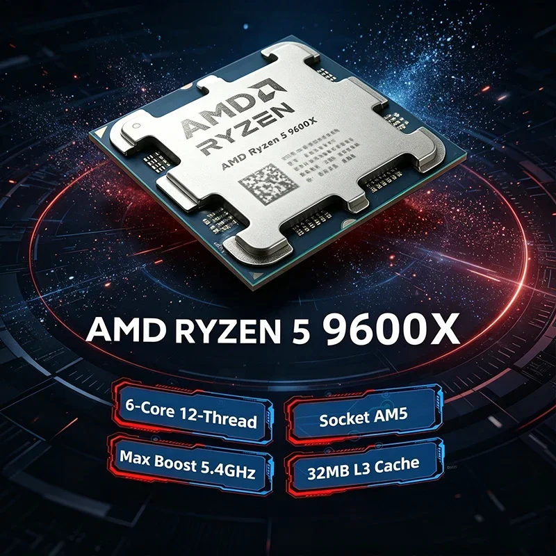 AMD Ryzen 5 9600X Processor 6-Core 12-Thread 3.9GHz Base, 5.4GHz Max Boost, AM5 Socket 32MB L3 Cache 4nm Zen 5 Desktop CPU