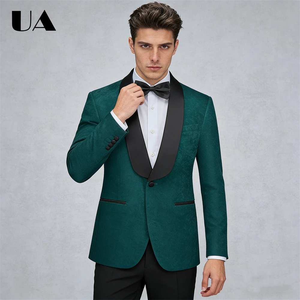 

High Quality Men's Two Piece Suit, Black Shawl Collar One Button Suit Jacket Snowflake Fabric Wedding Groom Suit