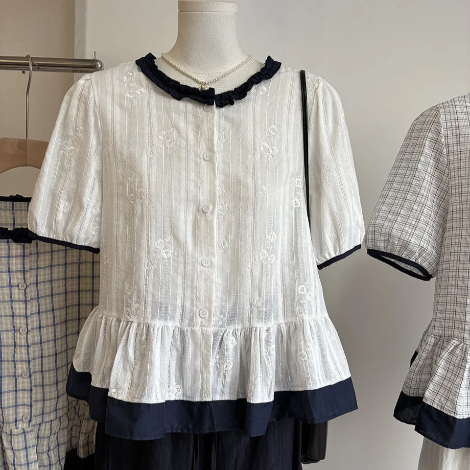 

Summer 2026 Single Button Short Sleeve Shirt Korean Style Loose Fit Checkered Bubble Sleeve Embroidery Wood Grain Collar