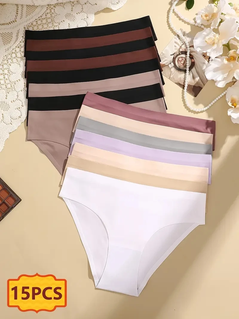 

15 шт./компл. бесшовные трусики, женское сексуальное нижнее белье, трусы из ледяного шелка с низкой талией, стринги, женские мягкие однотонные ультратонкие трусы
