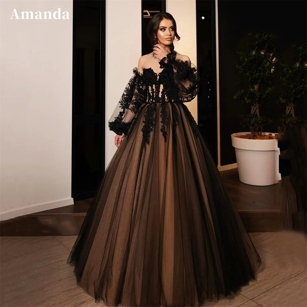 Amanda-Vestidos góticos De una línea para mujer, ropa De noche con bordado De encaje negro, vestido De graduación con hombros descubiertos, vestidos