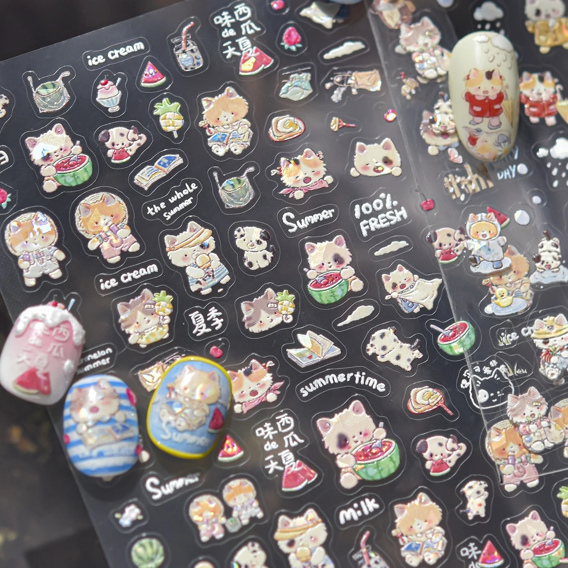 Kittens Eat Watermelon Cat Rainy Day Umbrella Daisy Cherry Ice Cream Dog Puppy Fence Nail Art Sticker Summertime Manicure Decals