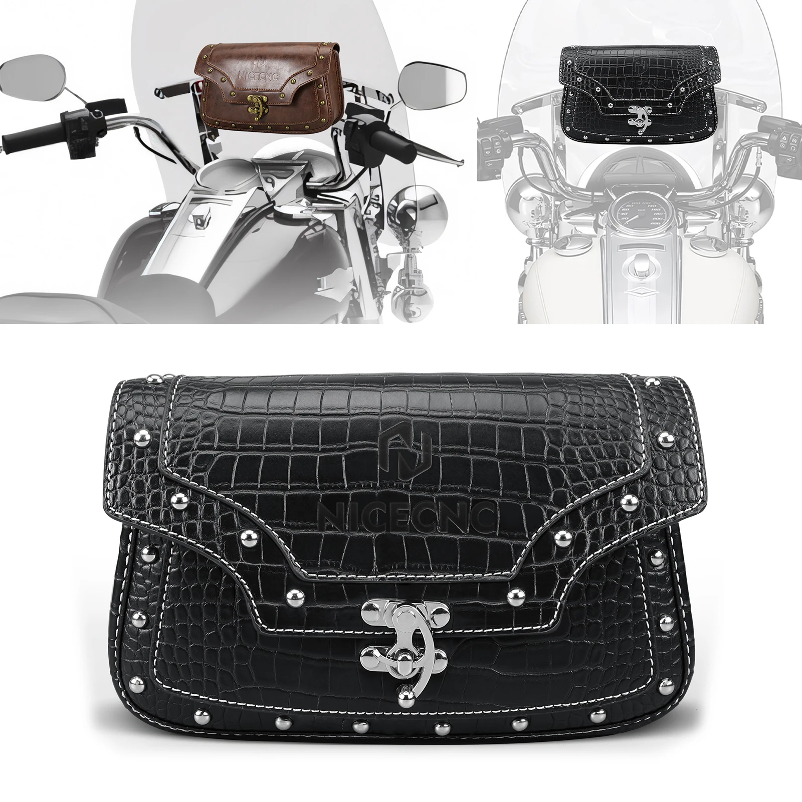 

PU Leather Motorcycle Windshield Bag Vintage Storage Bag for Harley Road King FLHR '95-2024 Softail Heritage Classic Slim Custom