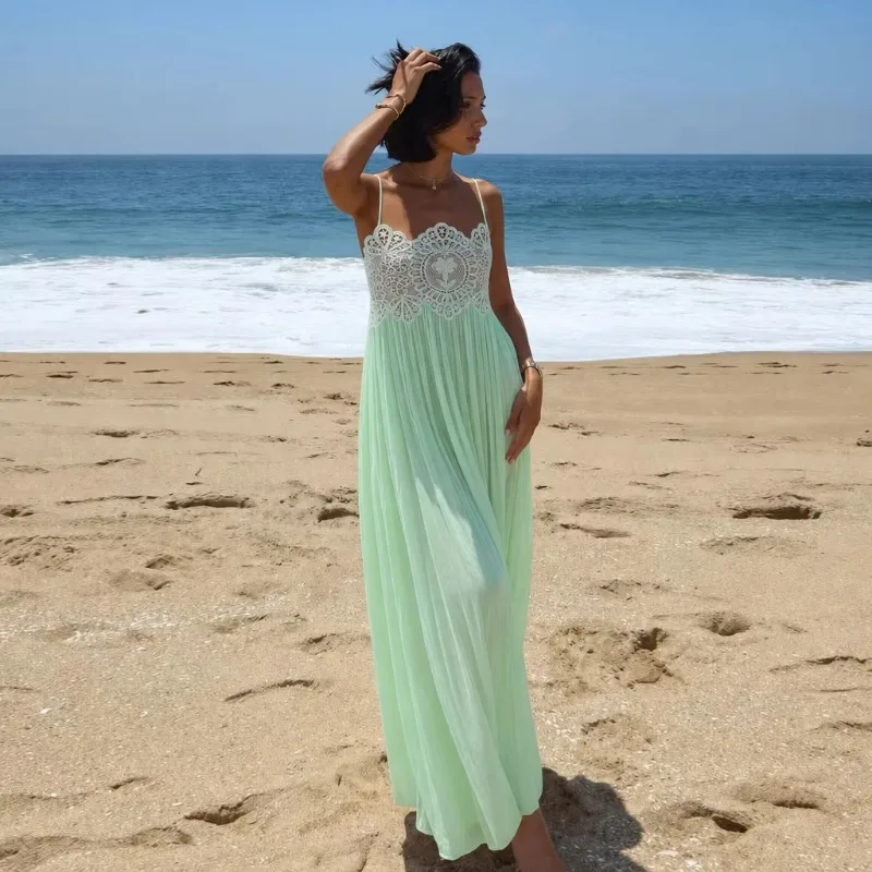 Elegant Lace Patchwork Spaghetti Strap Maxi Summer Women's Dress Pleated Chiffon Flowy Backless Boho Vacation Beach Slip Dresses
