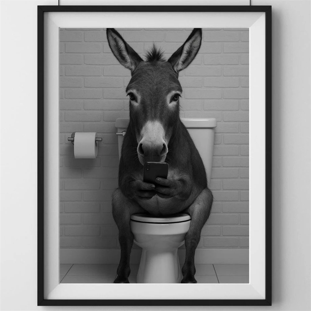 Funny Donkey Toilet Print Quirky Bathroom Wall Art Poster Monkey Bathroom Print Chimpanzee Bathroom Wall Art Canvas Painting