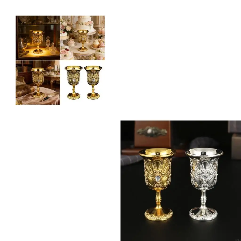 62KD 2Pieces Retro Goblets Metal Wine Cups Royal Chalices Wine Glass Medieval European Embossed Drinking Cups Gift