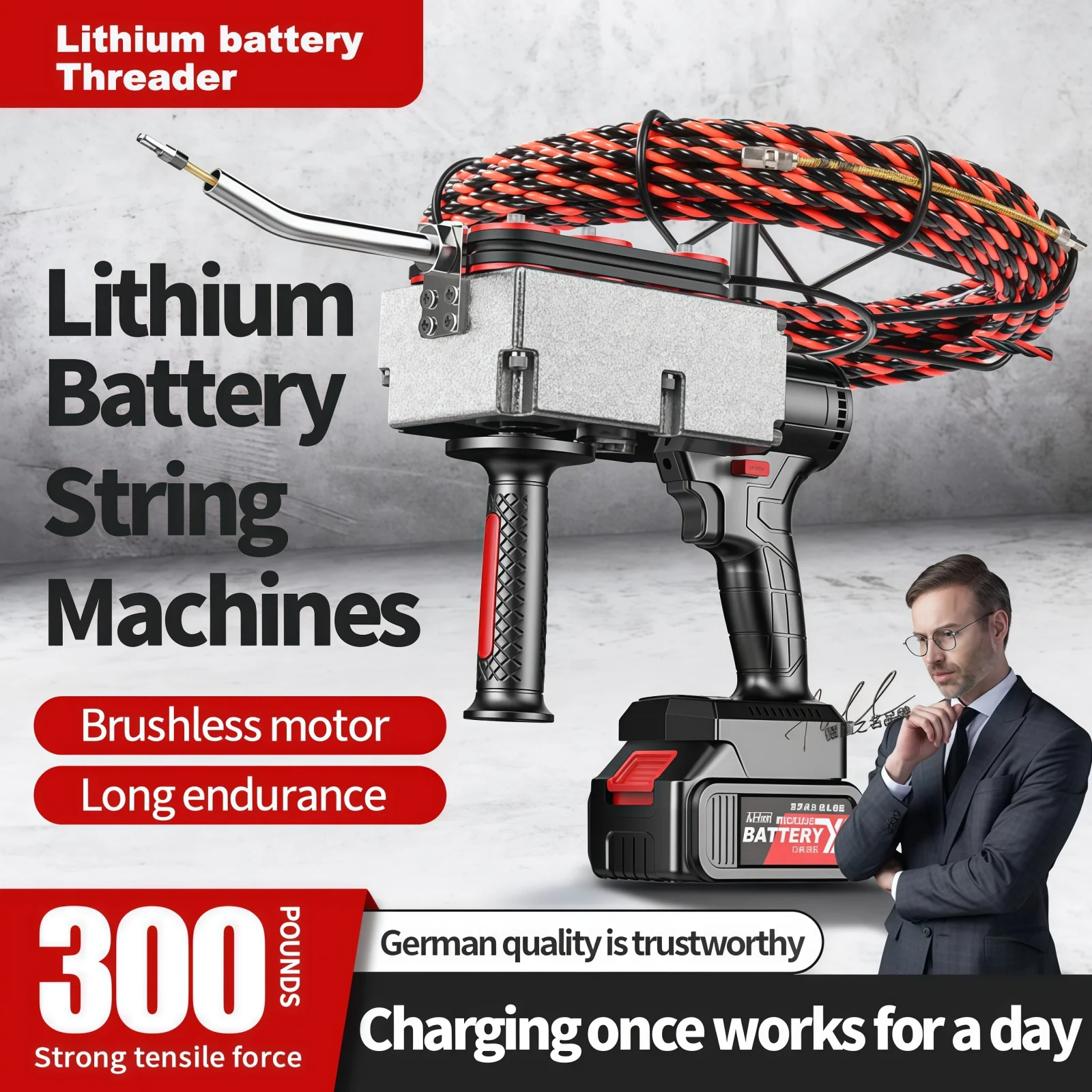 Image of 30M Lithium-Akku Kabelzugmaschine Automatische Wandkabel-Einziehmaschine Elektrische Wiederaufladbare Einziehmaschine für Elektriker